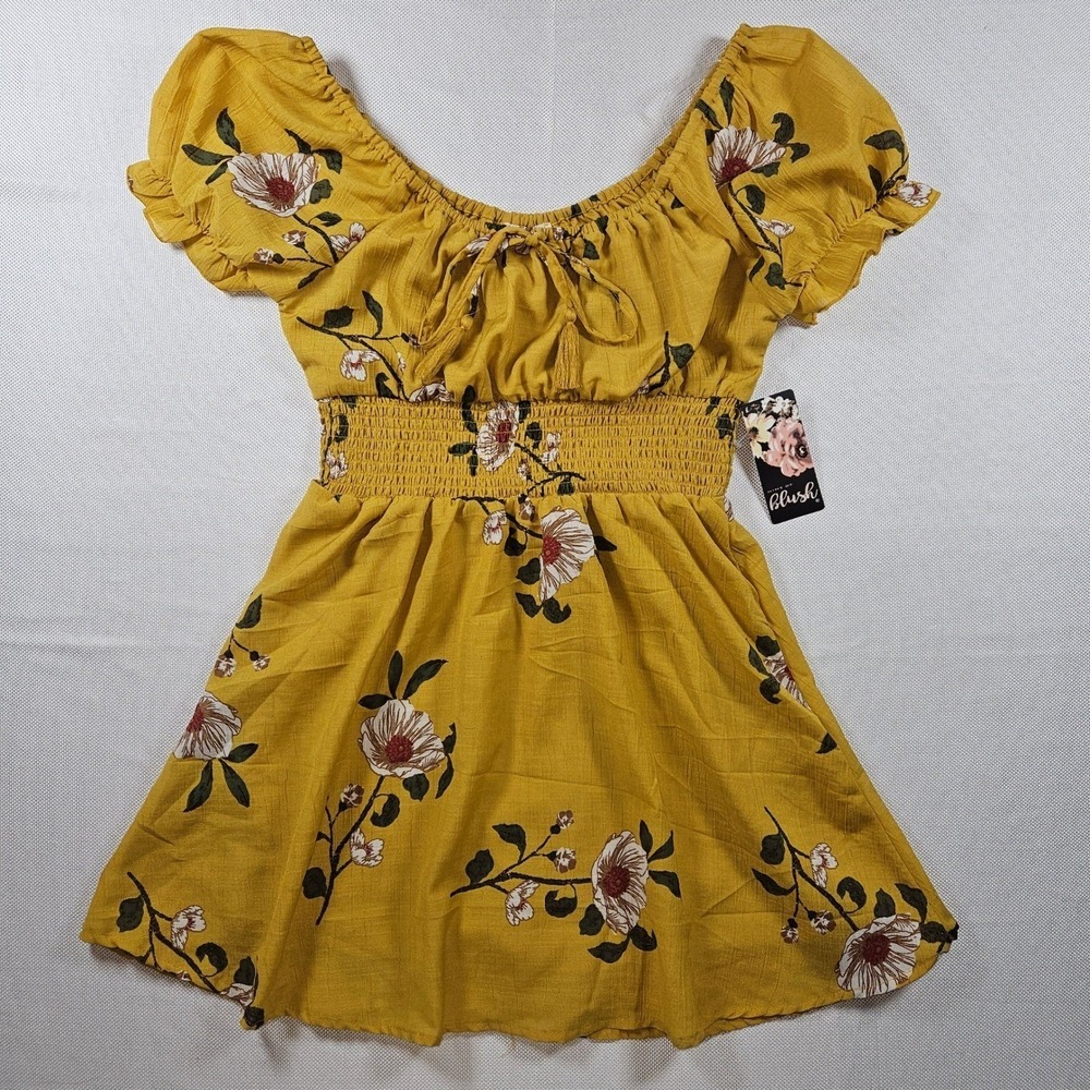 NWT‎ Yellow Floral Smocked Off Shoulder Mini Dress Womens M